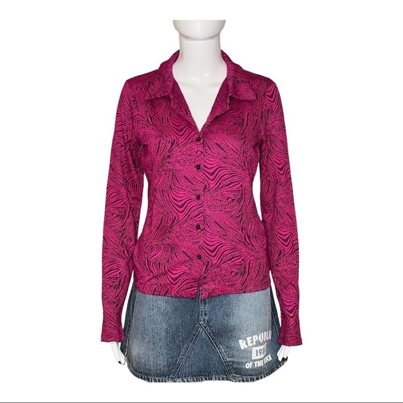 Zara Women Size M Shirt Animal Print Long Sleeve Collar Knit Blouse Fuchsia NWT - Picture 4 of 14